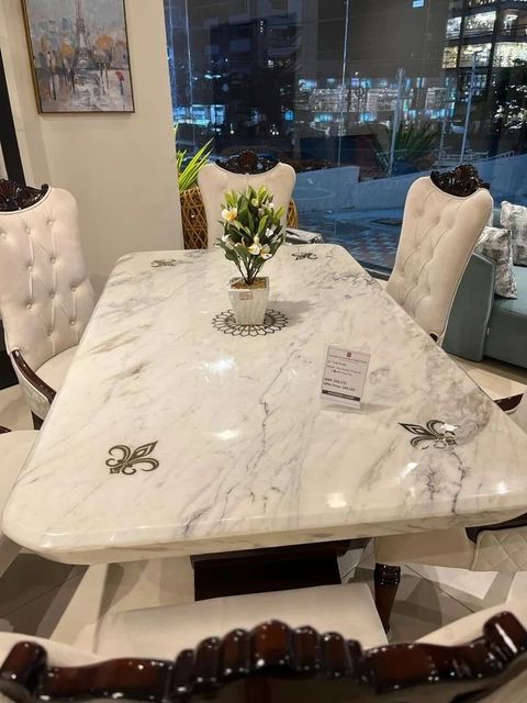 Rectangular Six Chairs Top Dining Table With Marble Set, 6 Seater At ... for Marble Top Dining Table With Chairs Set